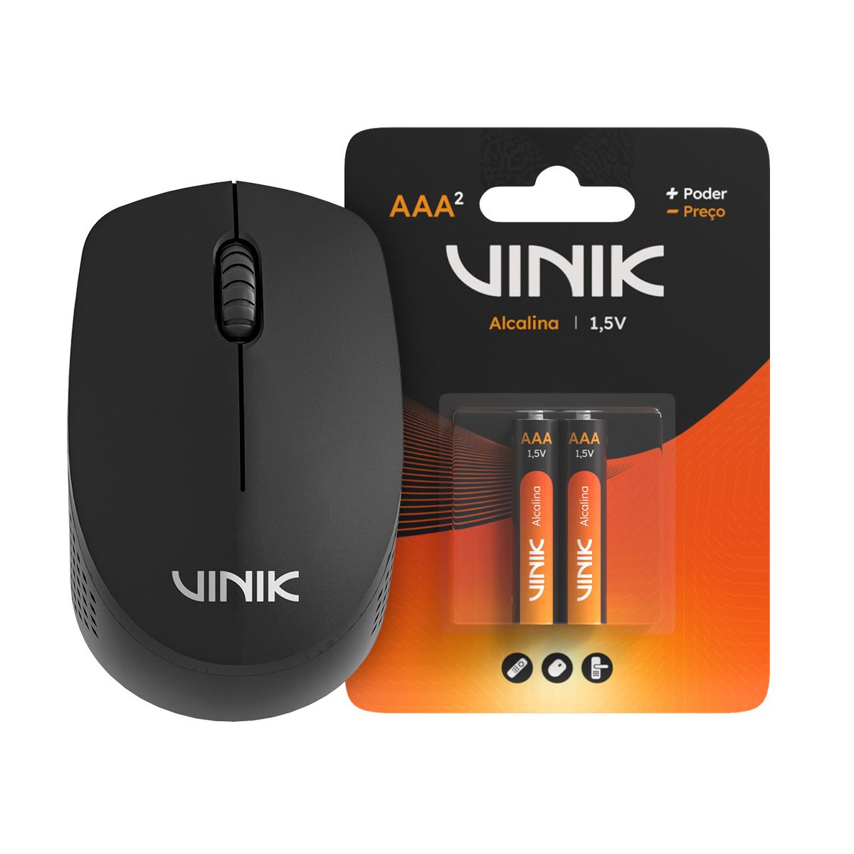 Mouse Sem Fio Vinik Feather Vf110 1200Dpi - Preto + Pilha Vinik Alcalina Aaa C/2